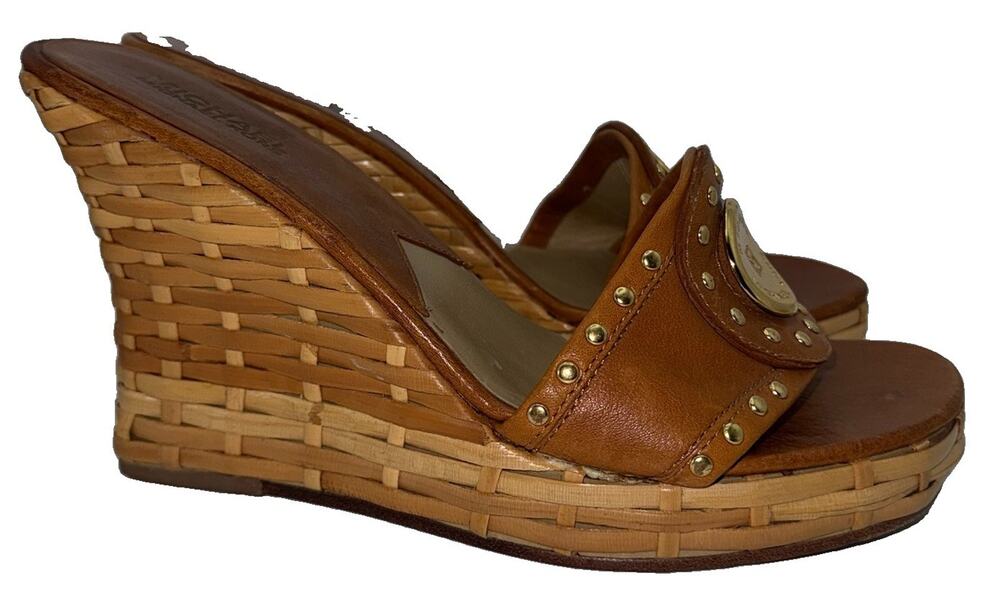 Michael Kors Santorini Wedge Slide Sandals Brown Leather Women’s 8.5
